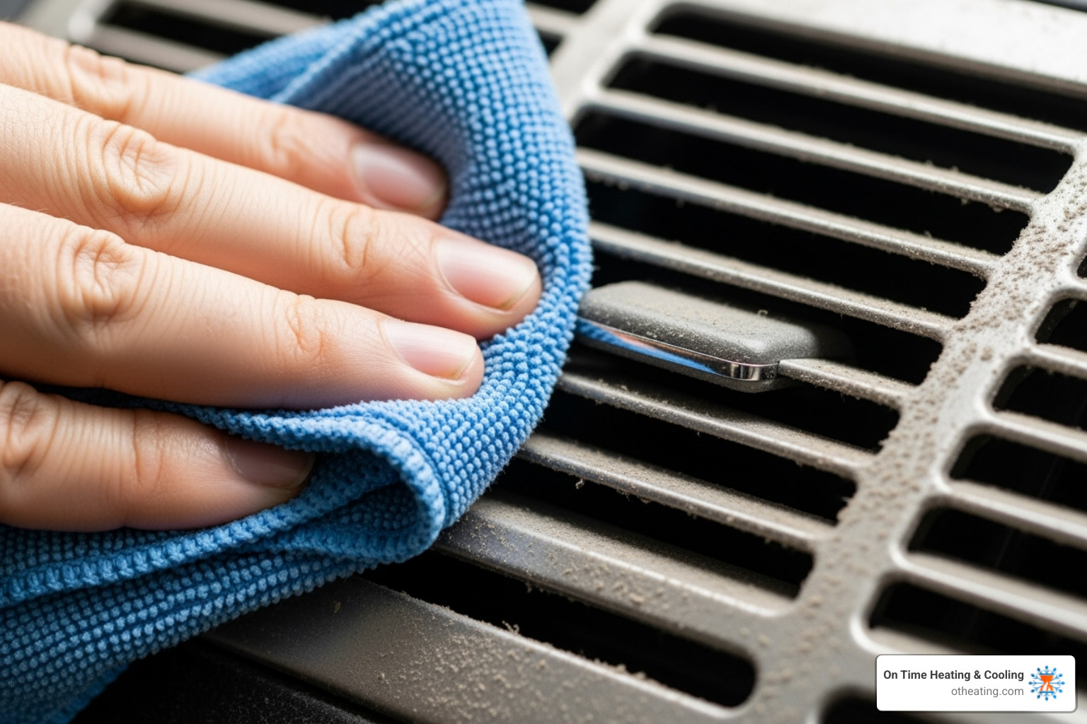 hand wiping thick dust from an air vent cover - best duct cleaning pewaukee
