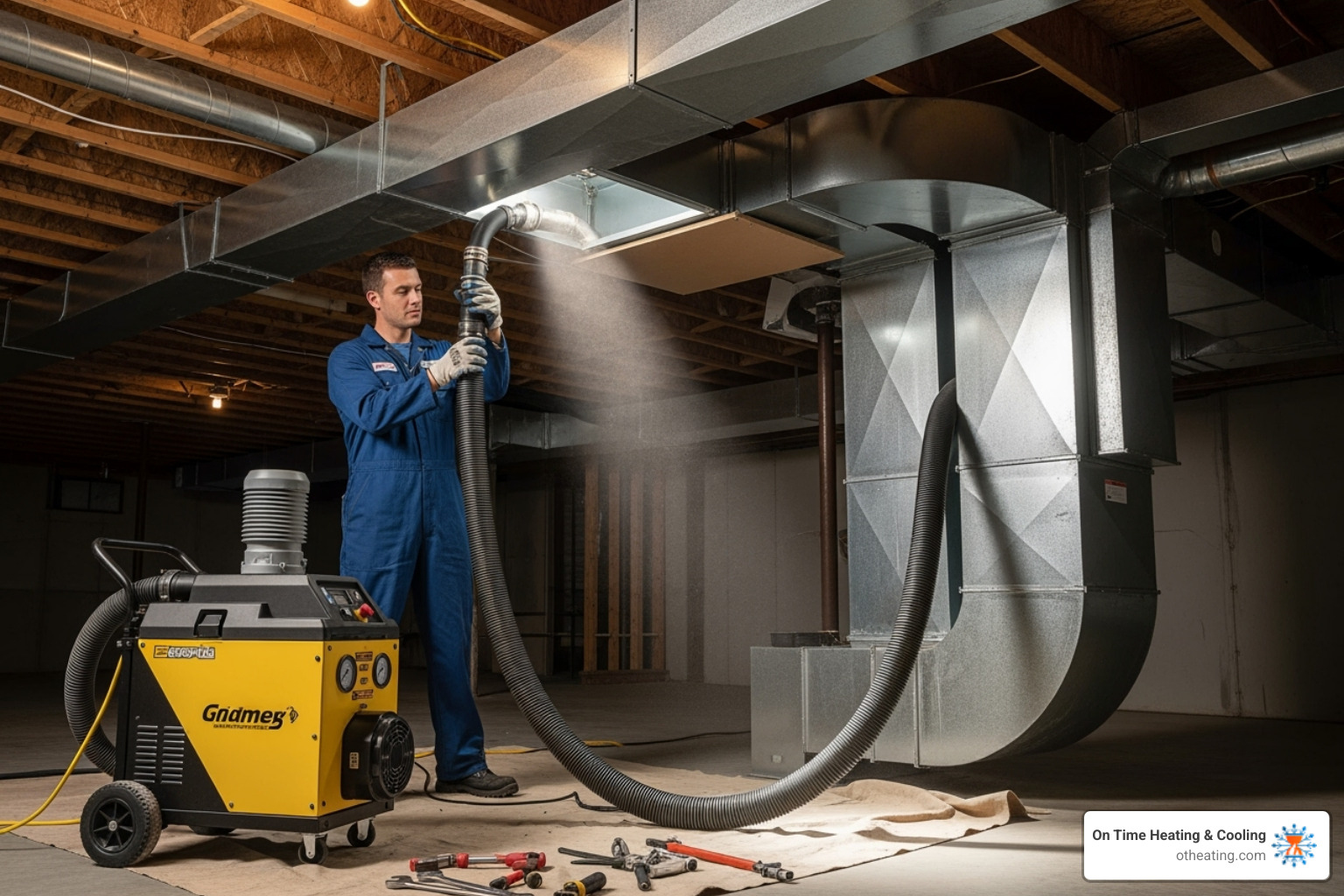 technician using a high-powered vacuum hose connected to a home's main duct line - best duct cleaning pewaukee