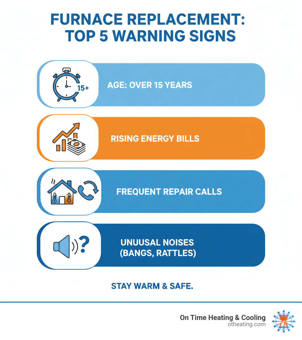 Infographic showing the top 5 warning signs that indicate a residential furnace needs replacement: furnace age over 15 years, rising energy bills, frequent repair calls, inconsistent heating throughout the home, and unusual noises from the system - residential furnace replacement lannon infographic 