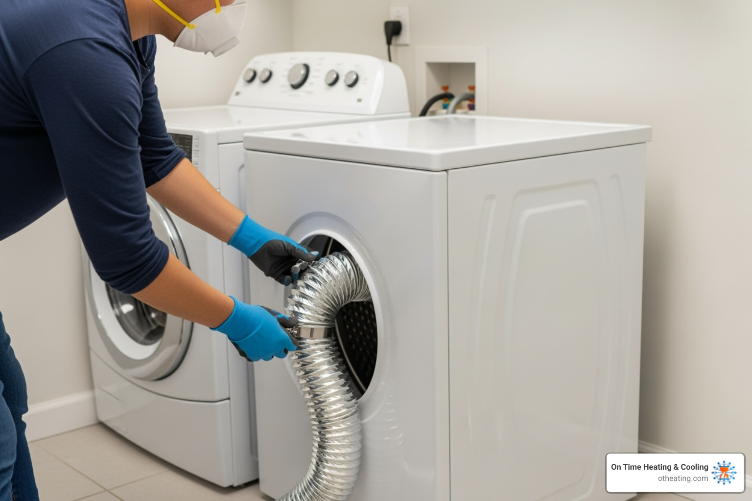 Person starting the dryer vent cleaning process - clean a dryer vent duct Person starting the dryer vent cleaning process - clean a dryer vent duct