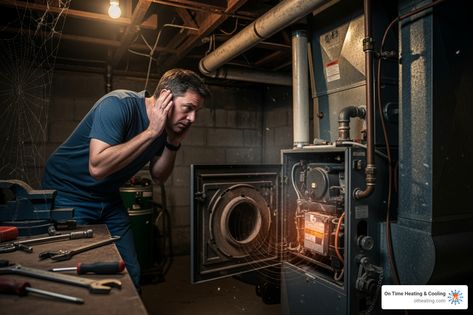 homeowner listening to a noisy furnace - hvac repair waukesha homeowner listening to a noisy furnace - hvac repair waukesha