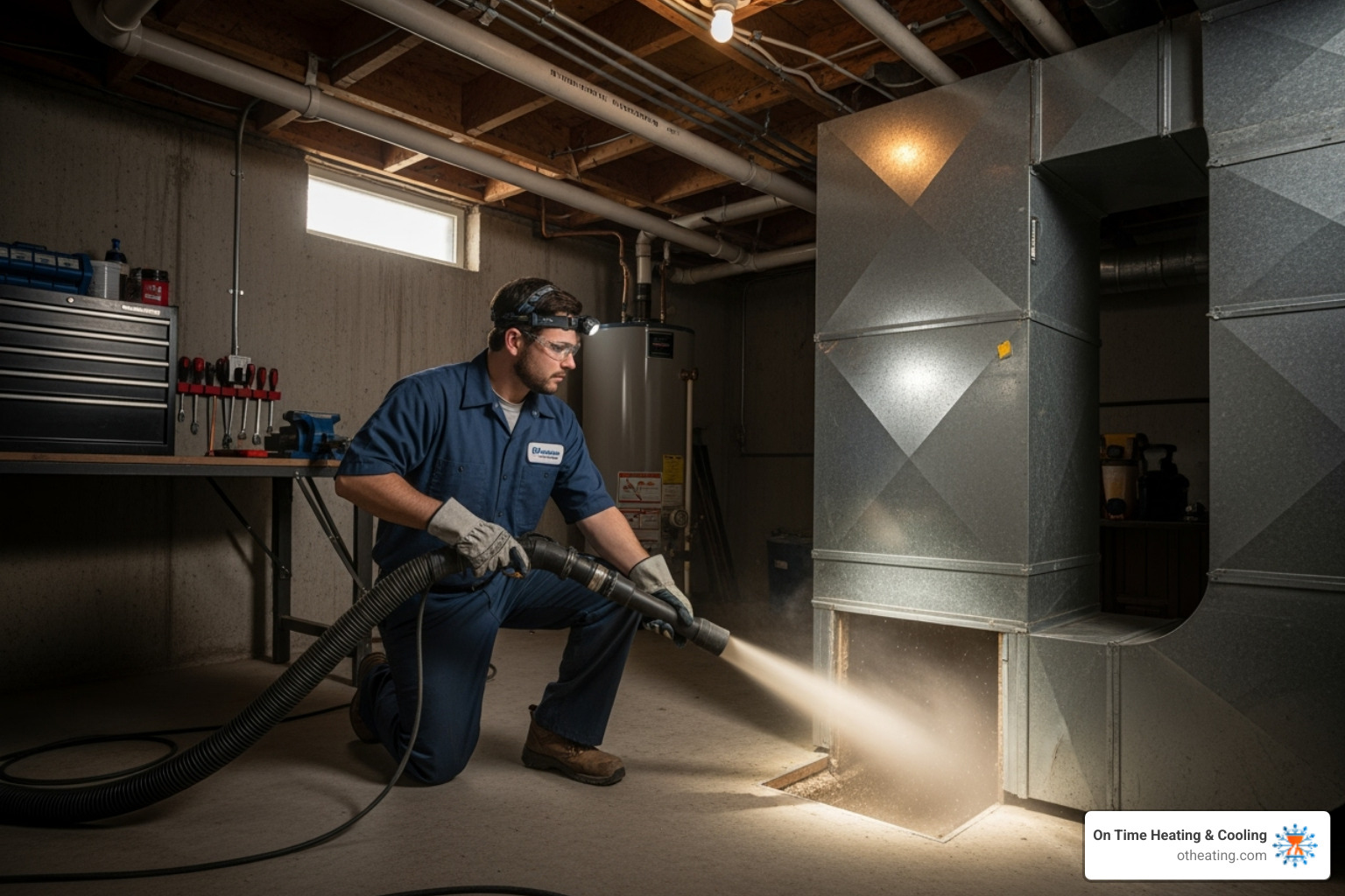 Image of a technician using a high-powered vacuum hose on a home's ductwork - Air duct cleaning Waukesha
