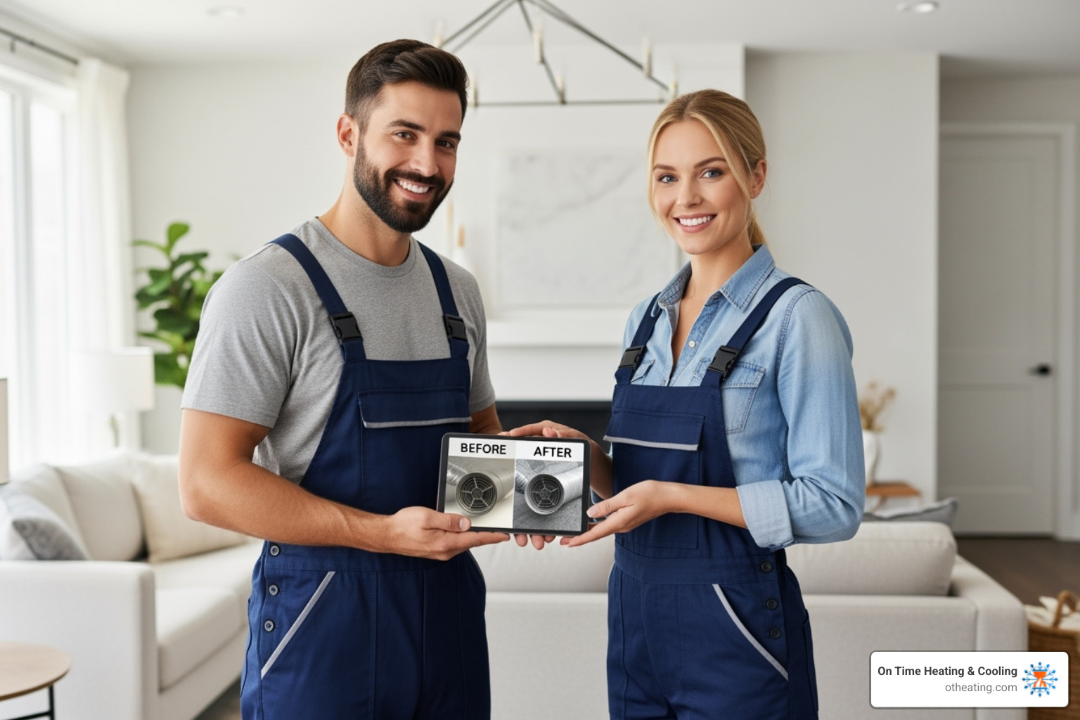Image of a friendly technician showing a homeowner a before-and-after photo of their clean ducts - Air duct cleaning Waukesha