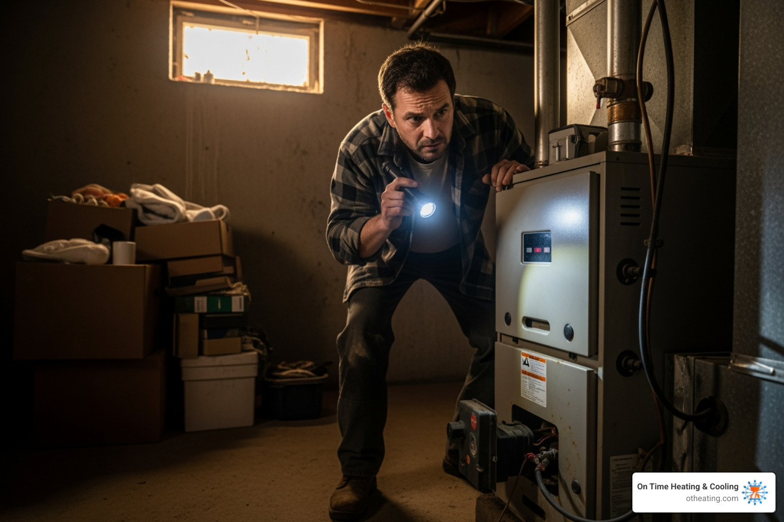 A person looking concerned at a furnace with a flashlight - 24 hour furnace repair in brookfield, wi A person looking concerned at a furnace with a flashlight - 24 hour furnace repair in brookfield, wi