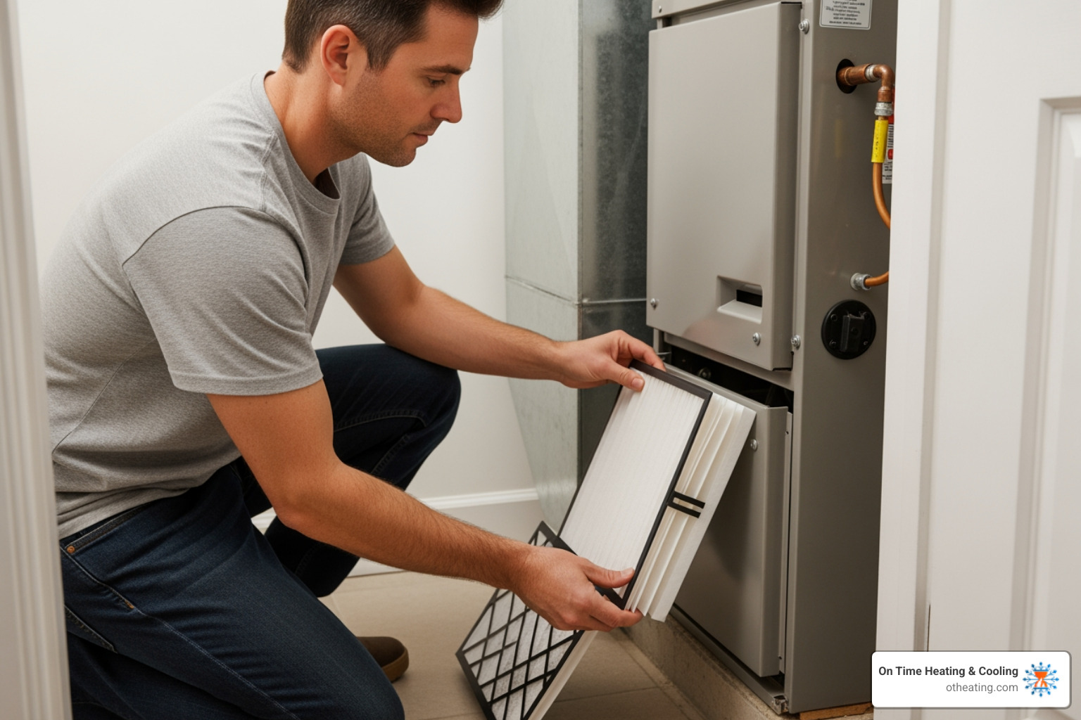 homeowner changing air filter - heat pump installation in brookfield, wi