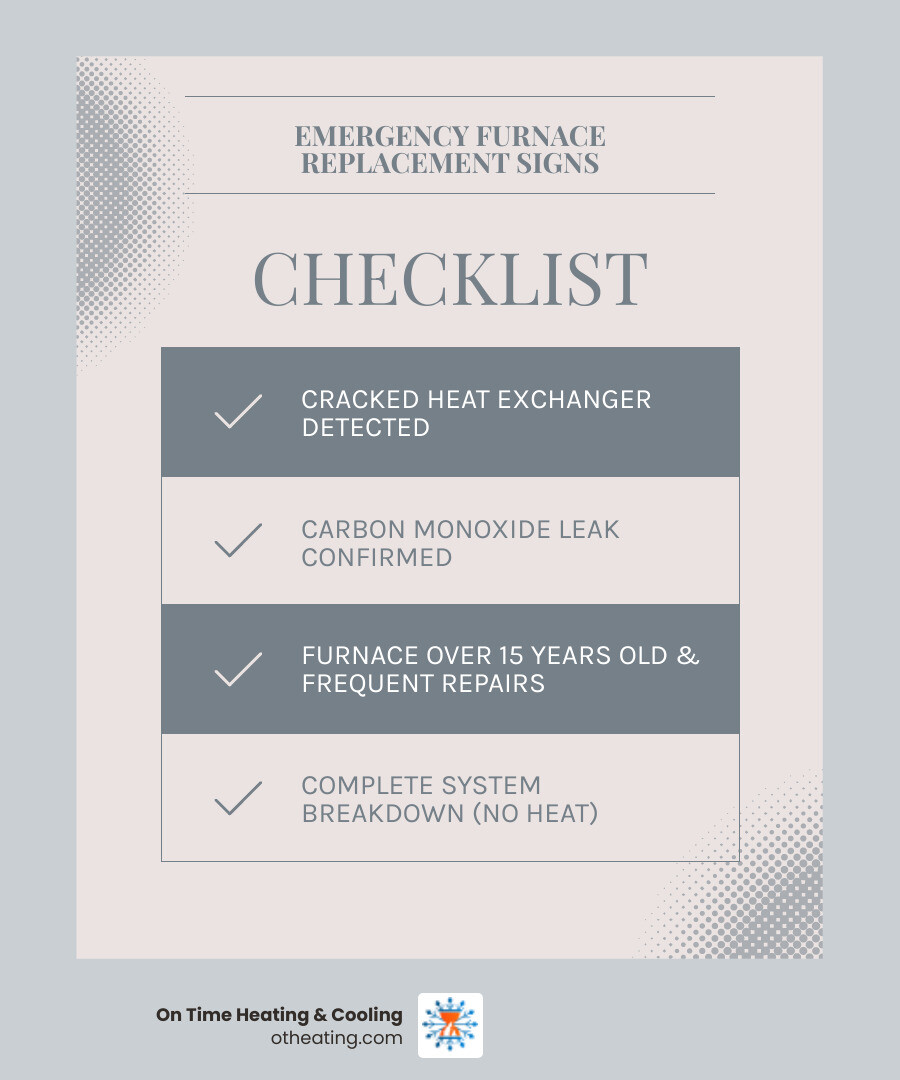 Infographic showing when emergency furnace replacement is needed: cracked heat exchanger with red warning symbol, carbon monoxide detector alarm, furnace age over 15 years with calendar icon, multiple repair bills stacking up, frozen pipes warning, and rising energy bill chart trending upward - 24 hour furnace installation in brookfield, wi infographic checklist-light-blue-grey