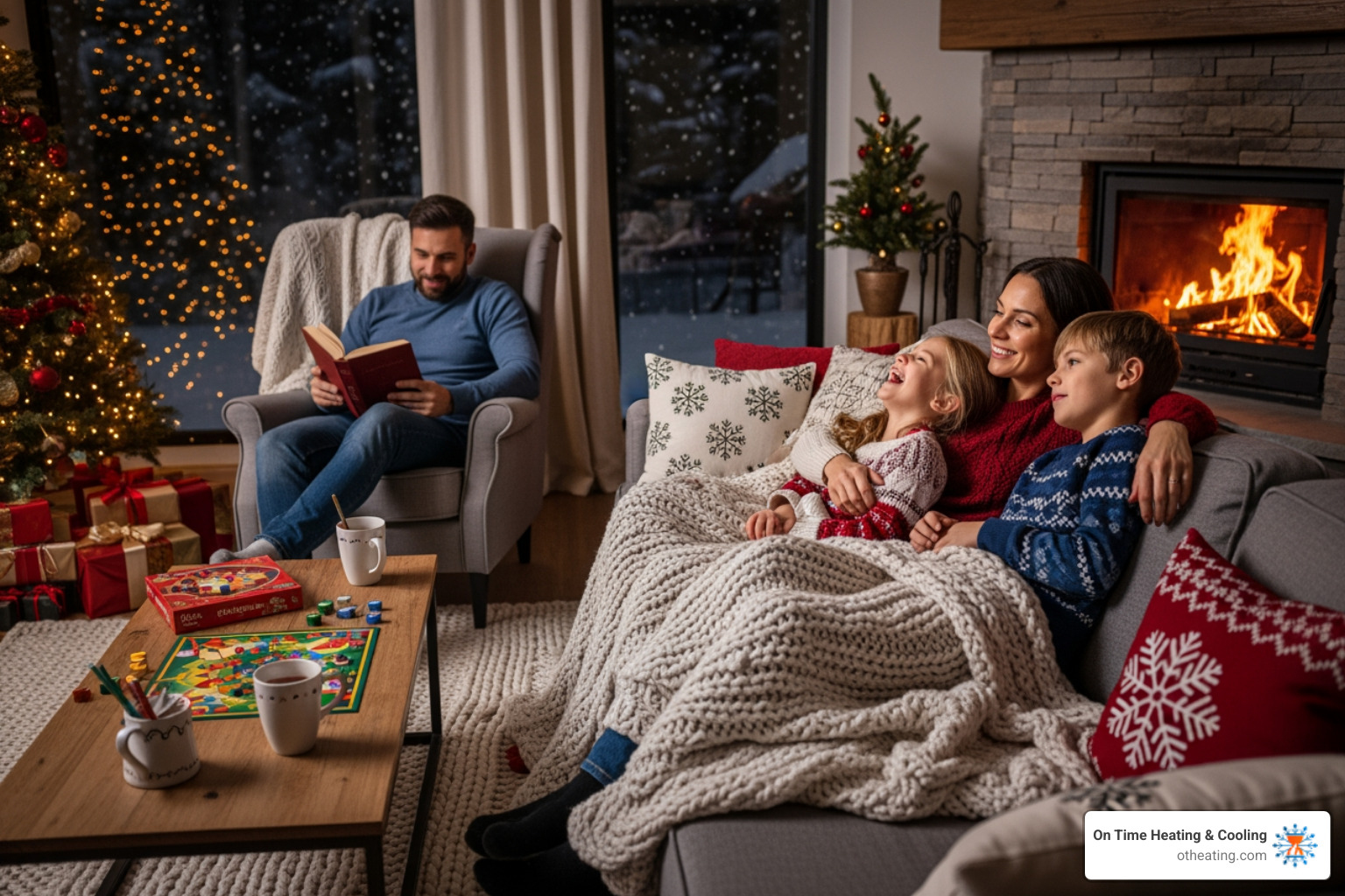 of a family enjoying a warm living room in winter - 24 hour furnace installation in brookfield, wi