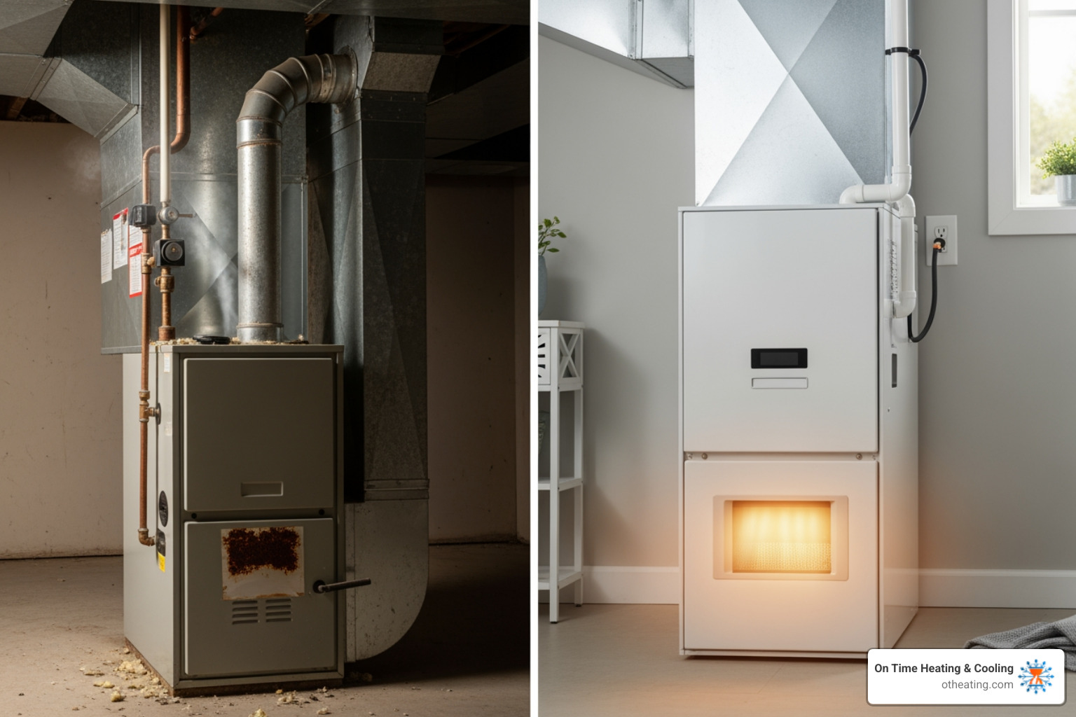 Infographic comparing old inefficient furnace versus new high-efficiency furnace showing energy savings percentages, monthly bill reduction, improved comfort levels, better air quality, and environmental benefits with reduced carbon footprint - affordable furnace replacement in brookfield, wi