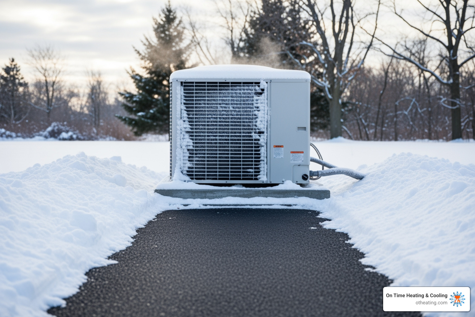 A heat pump outdoor unit is partially covered in a light layer of snow, with a clear path leading up to it, suggesting winter conditions and the need for maintenance - affordable heat pump repair in brookfield, wi A heat pump outdoor unit is partially covered in a light layer of snow, with a clear path leading up to it, suggesting winter conditions and the need for maintenance - affordable heat pump repair in brookfield, wi