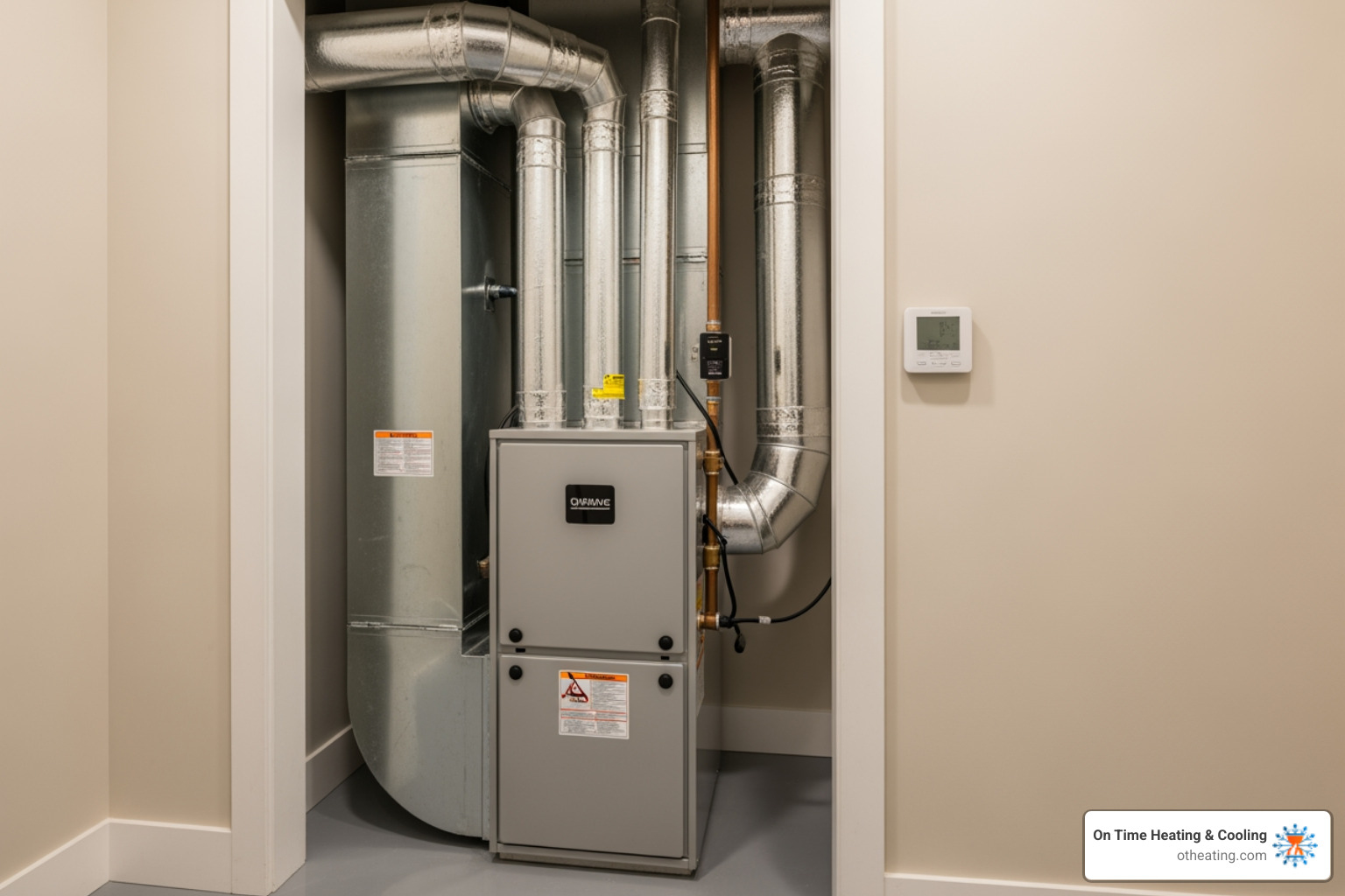 A modern, sleek, high-efficiency furnace unit installed in a clean utility space - best furnace replacement in brookfield, wi