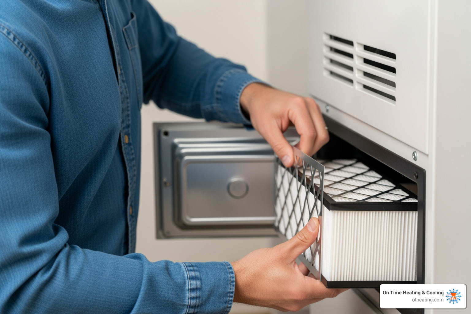 A homeowner demonstrates how to properly change a furnace air filter, highlighting routine maintenance - best furnace replacement in brookfield, wi