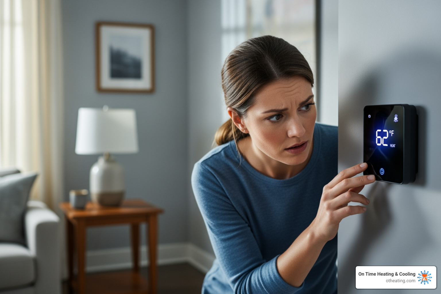 Homeowner looking at thermostat with concerned expression - best heat pump repair in brookfield, wi