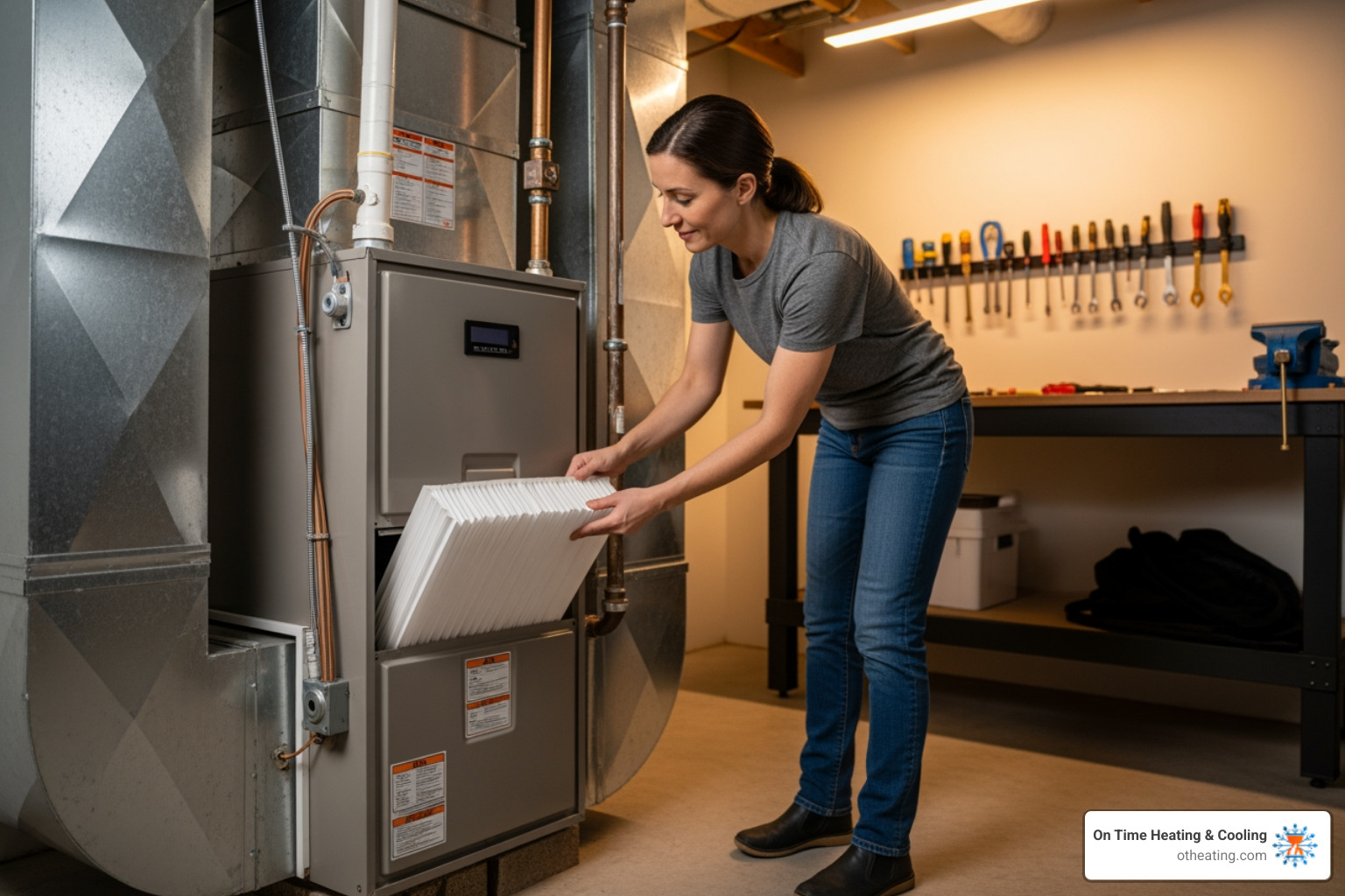 Homeowner easily replacing a furnace air filter - local furnace service in lannon, wi