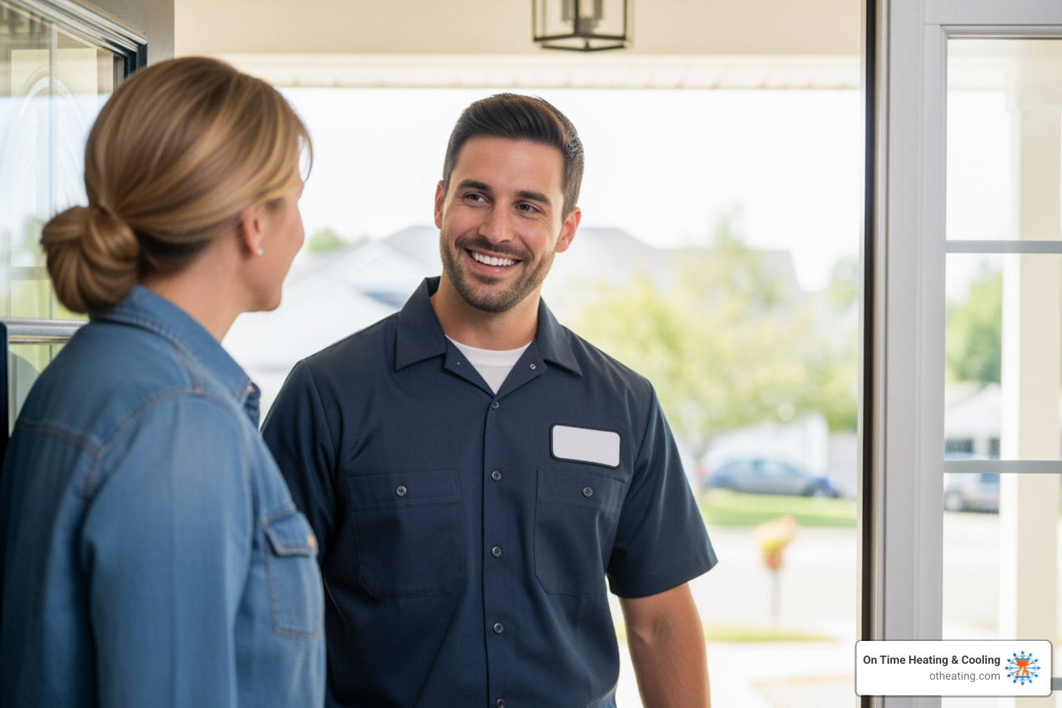 Friendly, professional technician speaking with a homeowner at their front door - best furnace repair in brookfield, wi Friendly, professional technician speaking with a homeowner at their front door - best furnace repair in brookfield, wi