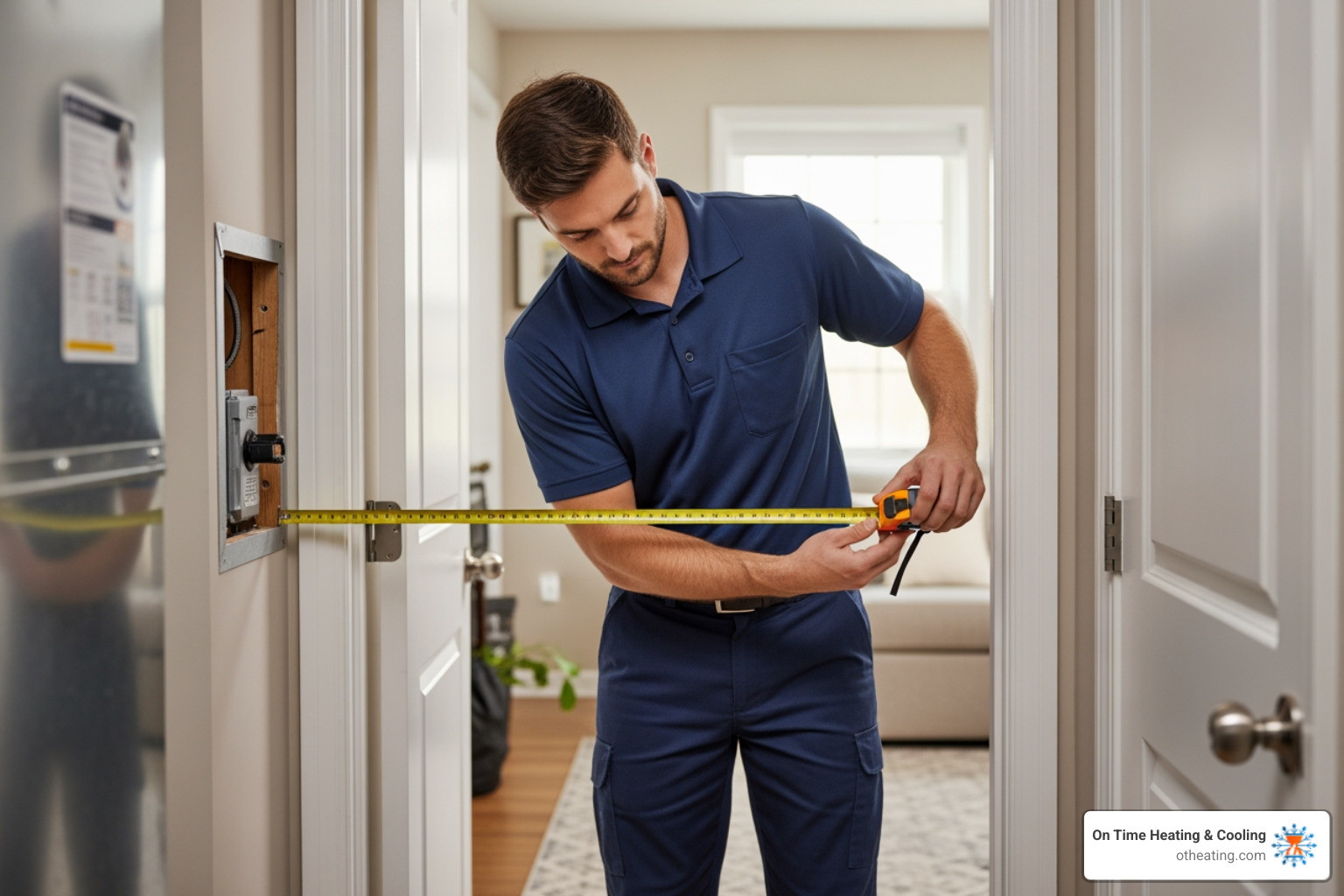 technician measuring a space for a new furnace installation - affordable furnace installation in brookfield, wi