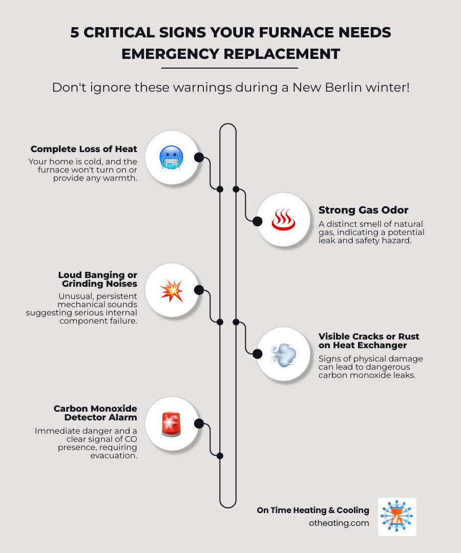 Infographic showing the 5 critical signs your furnace needs emergency replacement: complete loss of heat, strong gas odor, loud banging or grinding noises, visible cracks or rust on the heat exchanger, and carbon monoxide detector alarm - emergency furnace installation in new berlin, wi infographic infographic-line-5-steps-elegant_beige