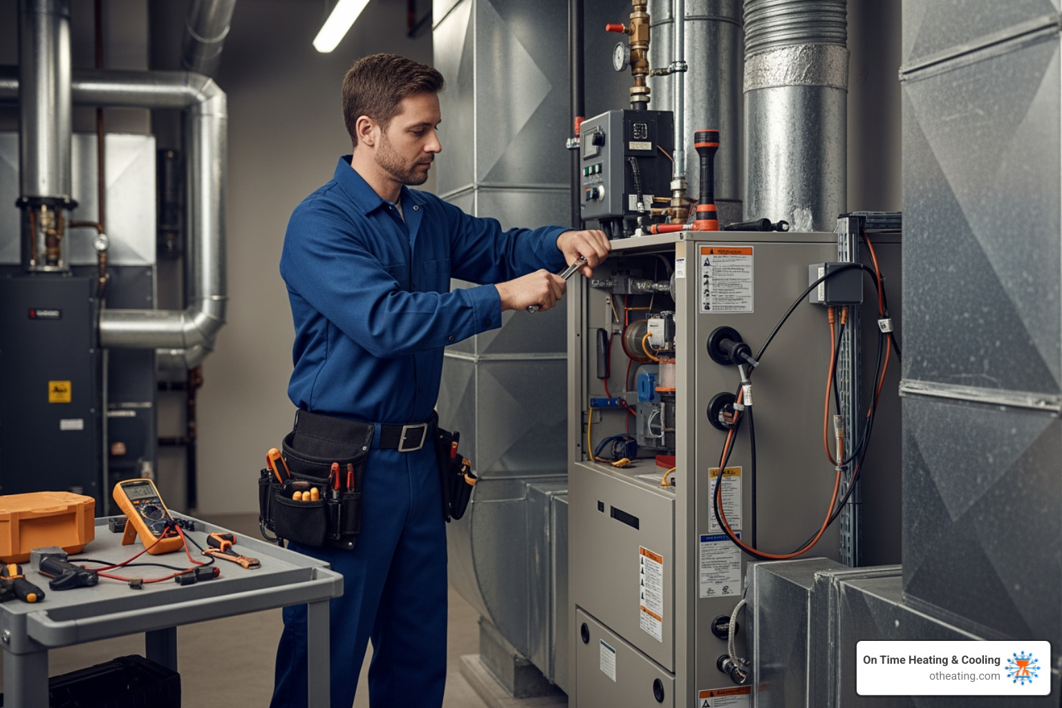 Technician performing maintenance on a commercial furnace - commercial furnace replacement in brookfield, wi