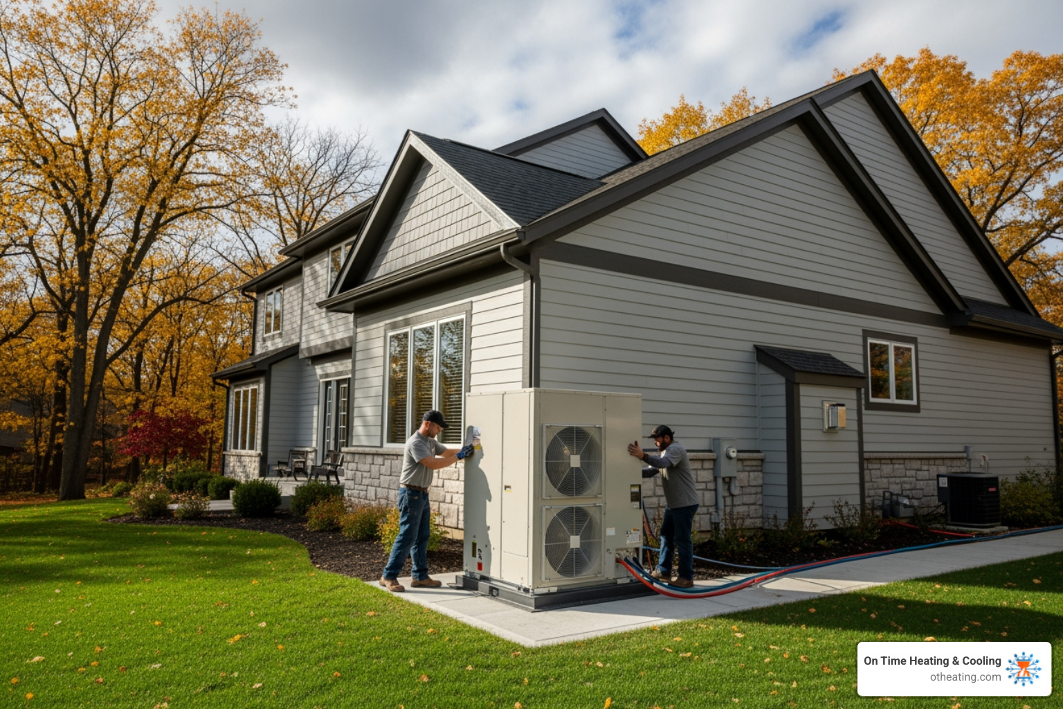 Infographic showing how a heat pump transfers heat from outdoor air into a home during winter and reverses the process in summer, with arrows indicating heat flow direction, labeled components including outdoor unit, indoor unit, refrigerant lines, and thermostat control - heat pump installation in delafield wi