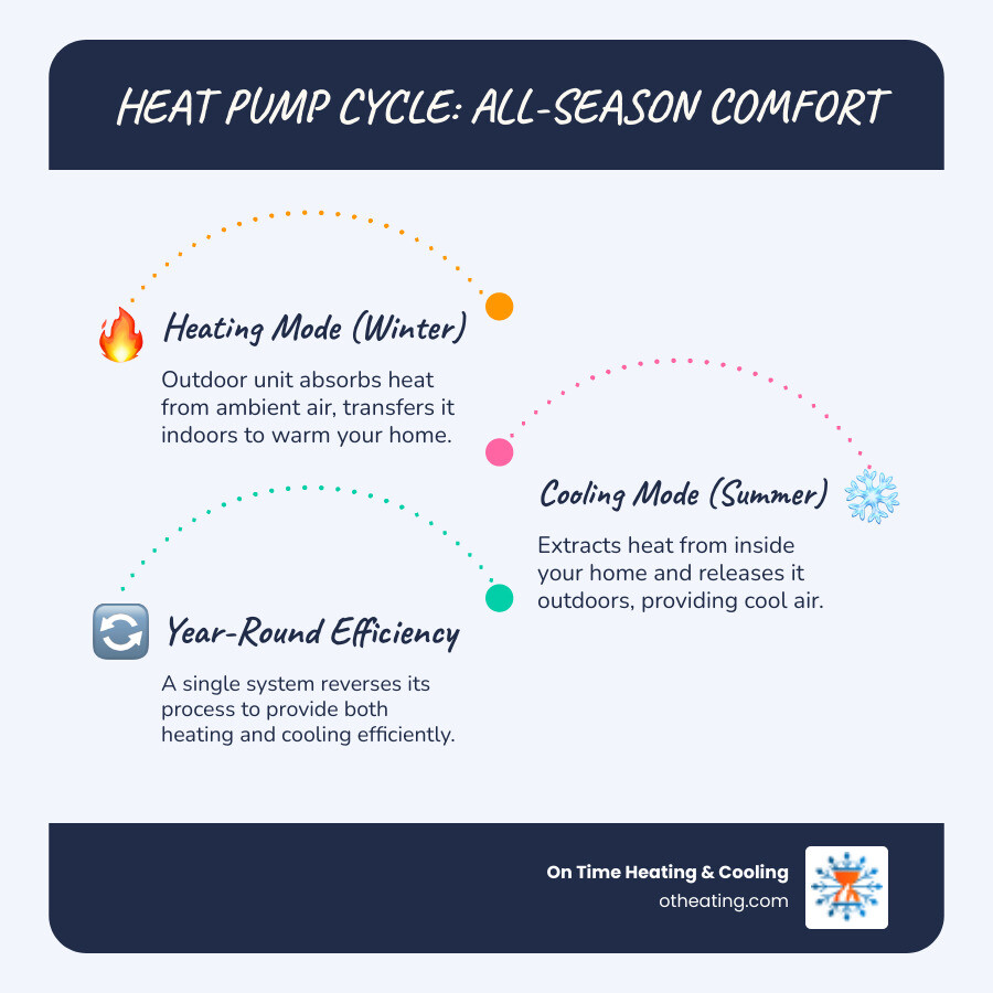 Infographic showing heat pump heating and cooling cycle: In heating mode, the outdoor unit absorbs heat from outside air and transfers it indoors through refrigerant; in cooling mode, the process reverses to remove heat from inside your home and release it outdoors; year-round comfort with a single efficient system - heat pump installation in lannon wi infographic infographic-line-3-steps-blues-accent_colors Infographic showing heat pump heating and cooling cycle: In heating mode, the outdoor unit absorbs heat from outside air and transfers it indoors through refrigerant; in cooling mode, the process reverses to remove heat from inside your home and release it outdoors; year-round comfort with a single efficient system - heat pump installation in lannon wi infographic infographic-line-3-steps-blues-accent_colors