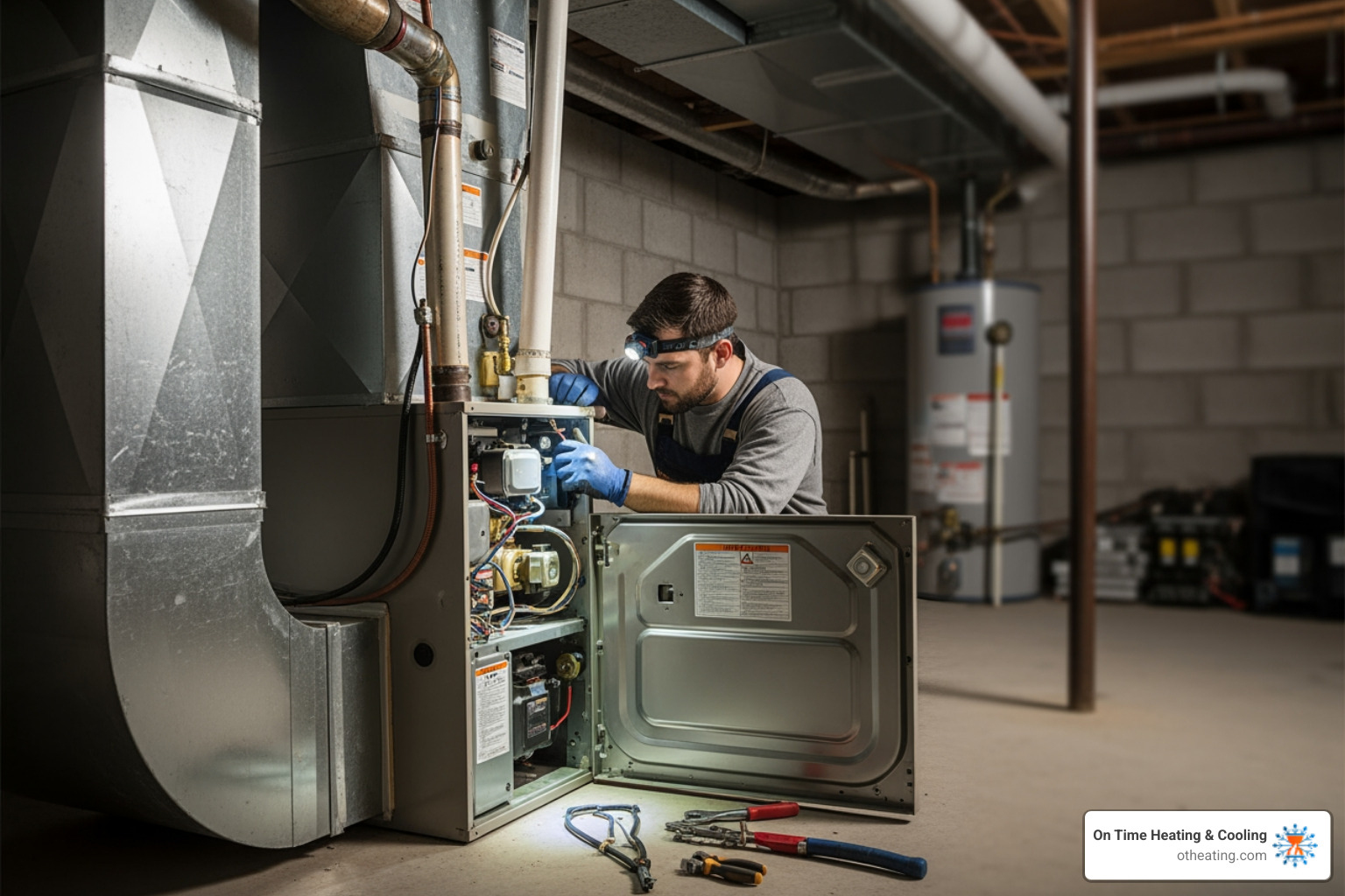 infographic showing furnace components including burner, heat exchanger, blower motor, air filter, flue pipe, and thermostat connection with brief descriptions of each part's function in keeping your home warm - furnace repair in lannon wi