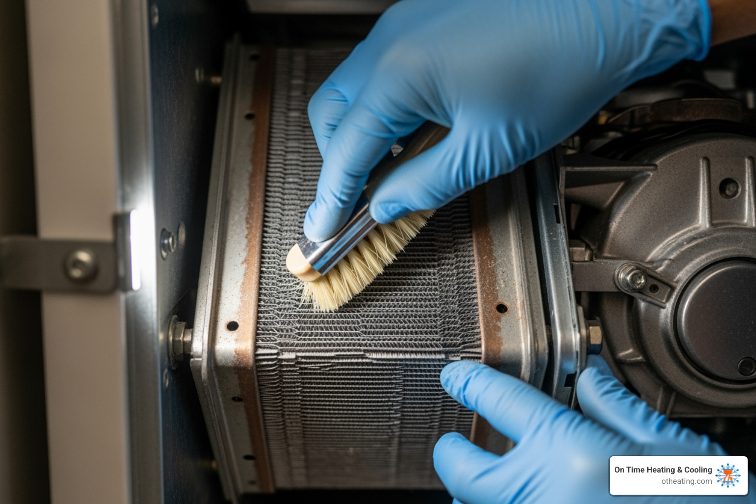 technician's hands carefully cleaning a furnace component - affordable furnace maintenance in brookfield, wi