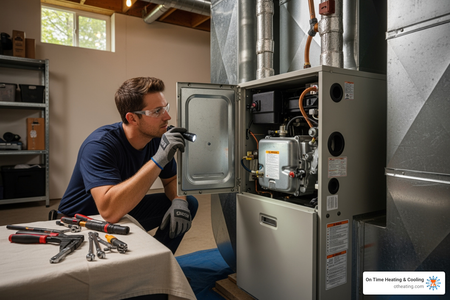 Infographic showing four key benefits of furnace maintenance: Safety (carbon monoxide testing, heat exchanger inspection), Efficiency (10-30% energy savings, optimal performance), Lifespan (extends equipment life, reduces wear and tear), and Cost Savings (prevents breakdowns, lowers utility bills) - affordable furnace maintenance in new berlin, wi