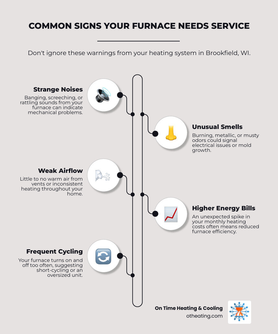 Infographic showing common signs your furnace needs service in Brookfield, WI: strange noises like banging or screeching, unusual burning or musty smells, weak or inconsistent airflow from vents, rooms heating unevenly throughout the home, unexpectedly higher energy bills, yellow or flickering pilot light, and frequent on-off cycling - residential furnace service in brookfield, wi infographic infographic-line-5-steps-elegant_beige Infographic showing common signs your furnace needs service in Brookfield, WI: strange noises like banging or screeching, unusual burning or musty smells, weak or inconsistent airflow from vents, rooms heating unevenly throughout the home, unexpectedly higher energy bills, yellow or flickering pilot light, and frequent on-off cycling - residential furnace service in brookfield, wi infographic infographic-line-5-steps-elegant_beige