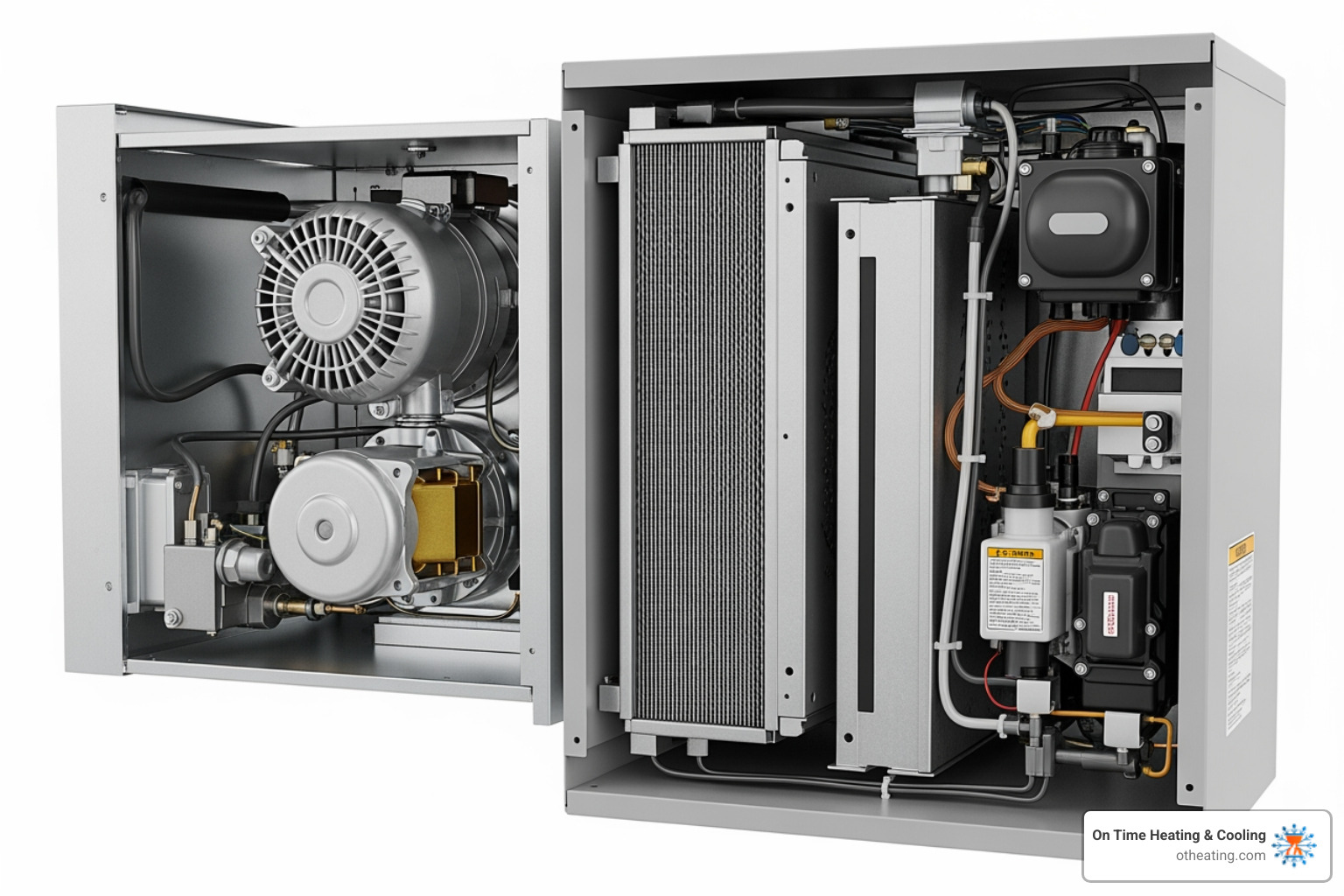infographic showing furnace components including blower motor, heat exchanger, burners, thermostat, air filter, and ignition system with labels explaining each part's role in home heating - local furnace service in pewaukee, wi