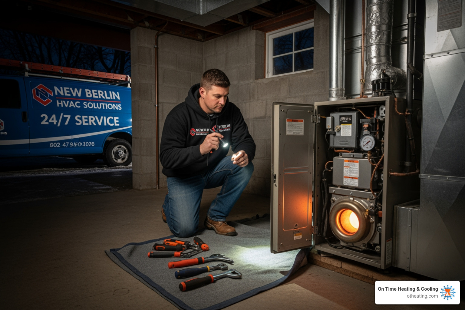 Infographic showing when to call for emergency furnace service: immediate danger signs like gas smell and carbon monoxide alarm requiring evacuation, urgent issues like no heat or loud noises needing same-day service, and non-urgent problems like minor inefficiency that can wait for regular business hours - 24 hour furnace maintenance in new berlin, wi Infographic showing when to call for emergency furnace service: immediate danger signs like gas smell and carbon monoxide alarm requiring evacuation, urgent issues like no heat or loud noises needing same-day service, and non-urgent problems like minor inefficiency that can wait for regular business hours - 24 hour furnace maintenance in new berlin, wi