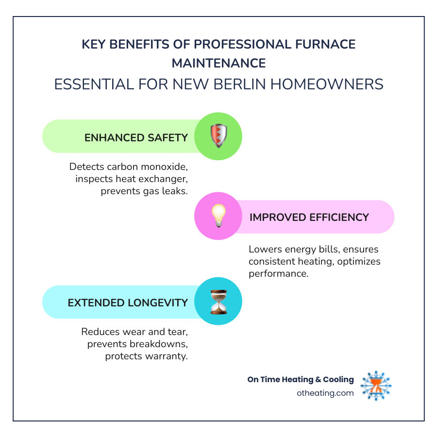 Infographic showing three main benefits of professional furnace maintenance: Safety (carbon monoxide testing, heat exchanger inspection, gas leak prevention), Efficiency (lower energy bills, consistent heating, peak performance), and Longevity (extended system life, fewer breakdowns, warranty protection) - professional furnace maintenance in new berlin, wi infographic infographic-line-3-steps-colors