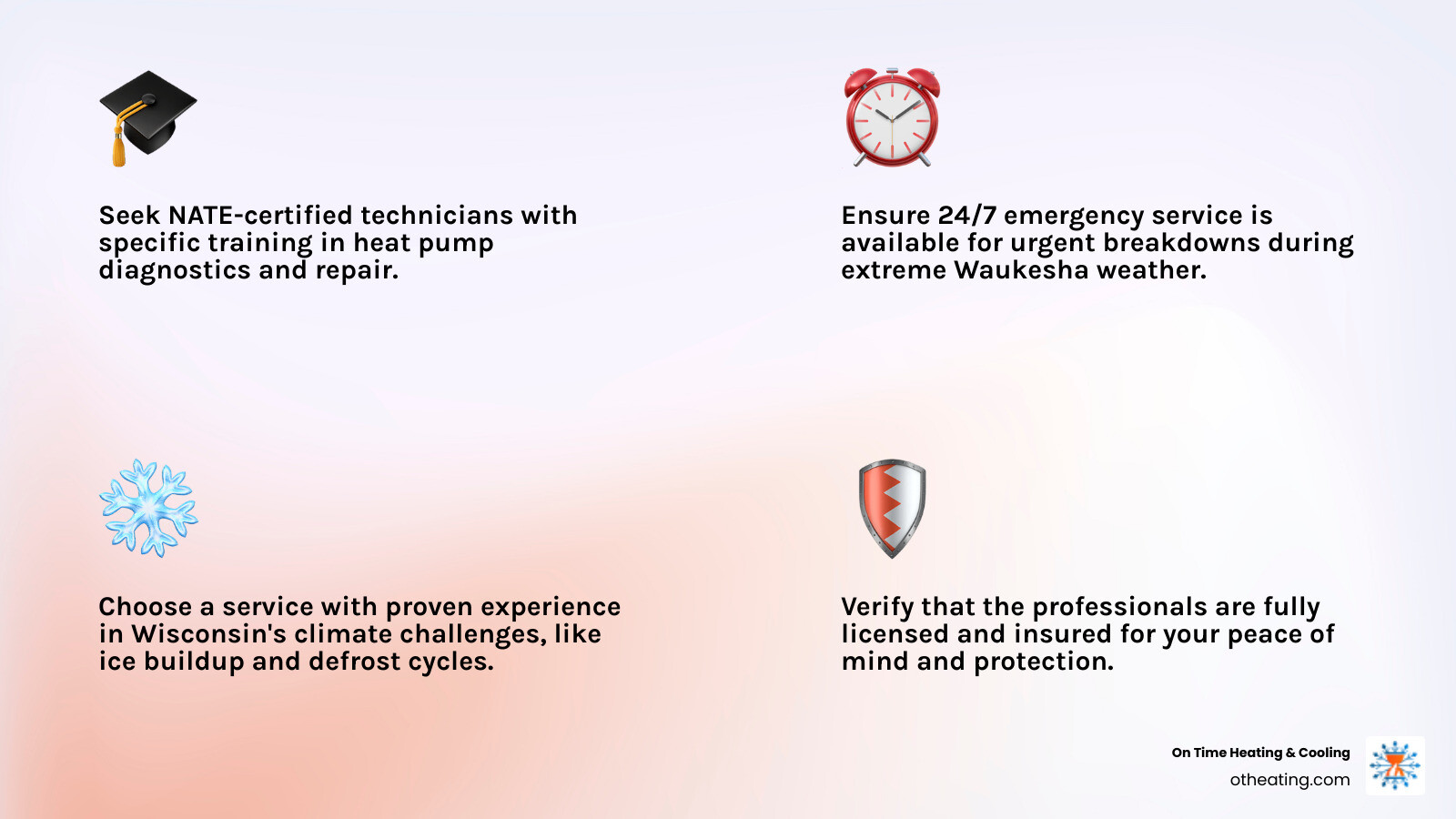 Infographic showing key factors in choosing heat pump repair: NATE certification badge, 24/7 availability icon, Wisconsin map with temperature ranges, license and insurance symbols, and five-star customer rating - best heat pump repair in waukesha, wi infographic 4_facts_emoji_light-gradient