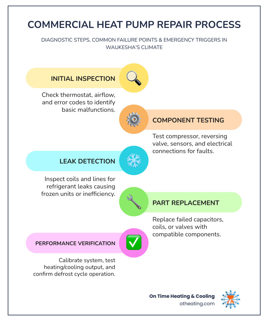 Commercial heat pump repair process infographic showing diagnostic steps, common failure points, and when to call for emergency service in Waukesha's climate - commercial heat pump repair in waukesha, wi infographic infographic-line-5-steps-colors