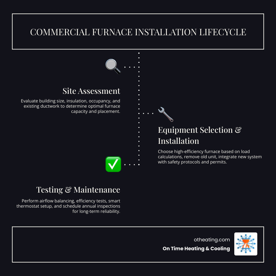 infographic showing the commercial furnace installation lifecycle from assessment through site evaluation, equipment selection, professional installation, system testing, and ongoing maintenance schedules for New Berlin Wisconsin businesses - commercial furnace installation in new berlin, wi infographic infographic-line-3-steps-dark