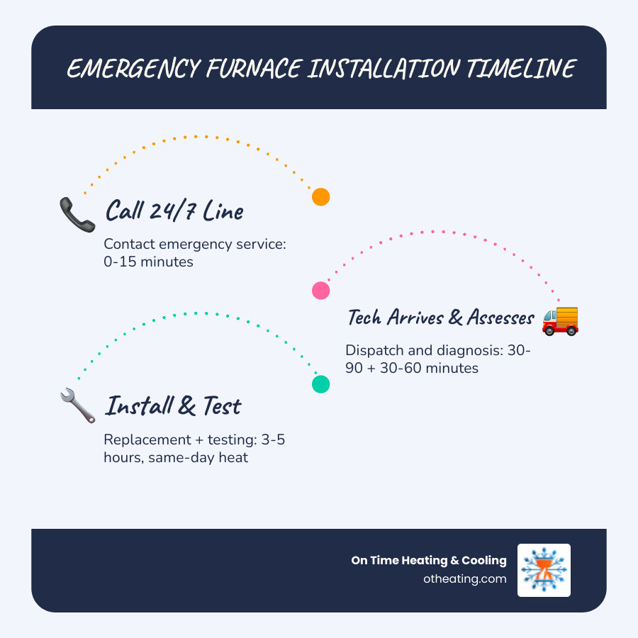 Infographic showing the 24-hour emergency furnace installation timeline in Waukesha WI, including steps: Step 1 - Call 24/7 emergency line (0-15 minutes), Step 2 - Technician dispatched and arrives (30-90 minutes), Step 3 - System assessment and diagnosis (30-60 minutes), Step 4 - Furnace selected and installation begins (1-2 hours), Step 5 - Ductwork connected and thermostat calibrated (1-2 hours), Step 6 - Safety testing and system confirmed operational (30 minutes), Total estimated time: same day in most cases - emergency furnace installation in waukesha, wi infographic infographic-line-3-steps-blues-accent_colors