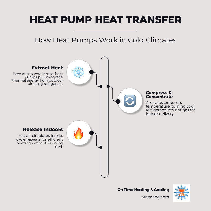Infographic showing how heat pumps transfer heat in cold climates and key steps in a 24-hour emergency installation process Infographic showing how heat pumps transfer heat in cold climates and key steps in a 24-hour emergency installation process