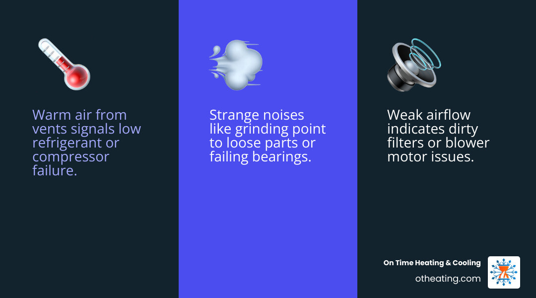 Infographic showing 5 signs your AC needs repair: warm air, weak airflow, strange noises, bad odors, short cycling - fix Infographic showing 5 signs your AC needs repair: warm air, weak airflow, strange noises, bad odors, short cycling - fix