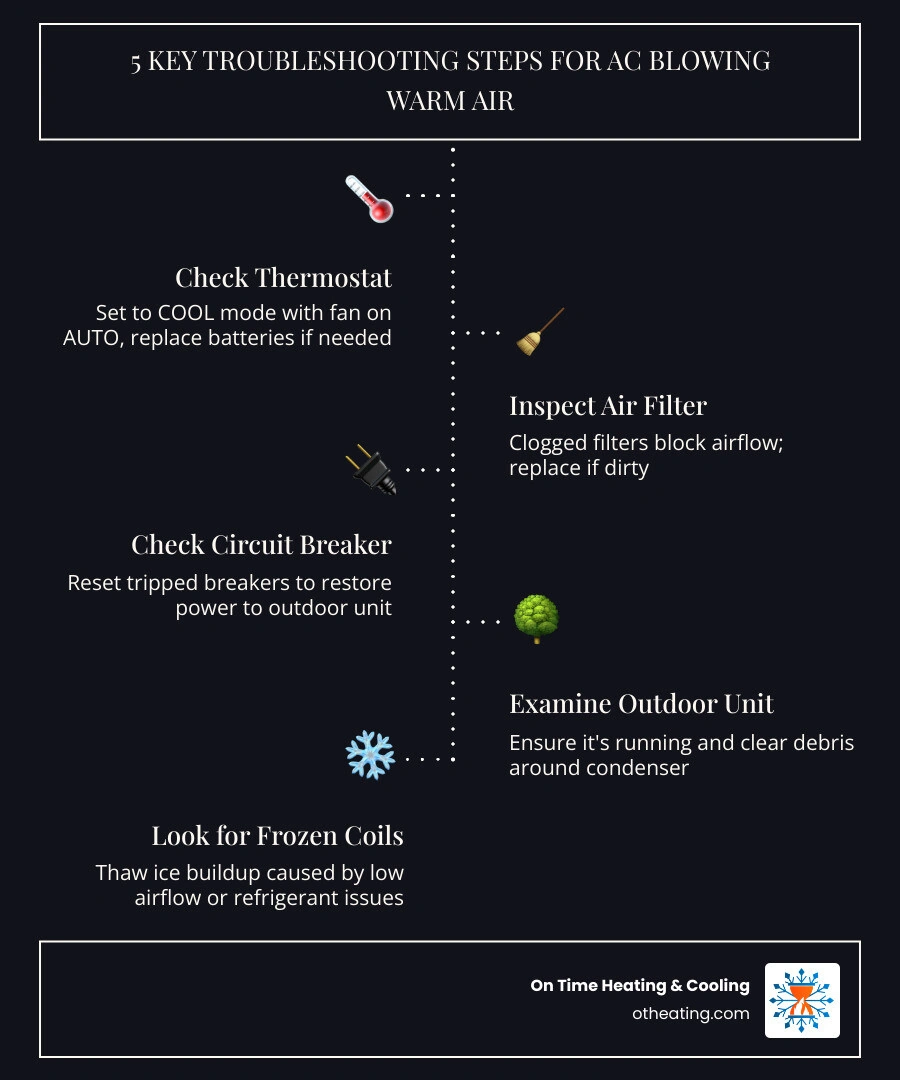 Infographic showing 7 steps to troubleshoot an AC troubleshooting steps for warm air with icons for thermostat, filter Infographic showing 7 steps to troubleshoot an AC troubleshooting steps for warm air with icons for thermostat, filter