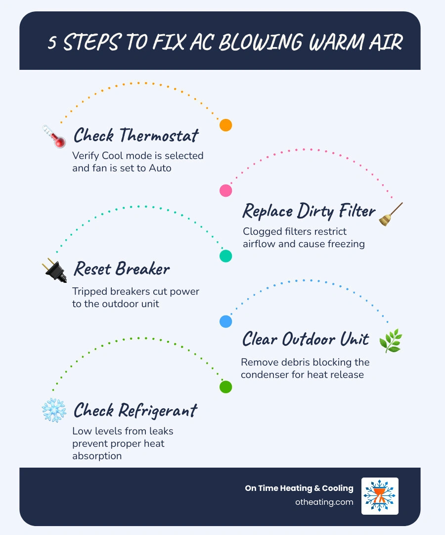Infographic showing the 7 most common reasons an AC blows warm air and whether each is DIY or needs a pro infographic