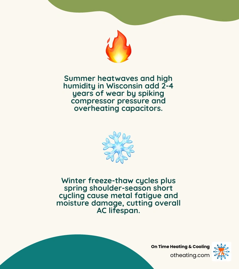 Infographic showing how extreme heat, humidity, and freeze-thaw cycles accelerate AC component wear and reduce lifespan Infographic showing how extreme heat, humidity, and freeze-thaw cycles accelerate AC component wear and reduce lifespan
