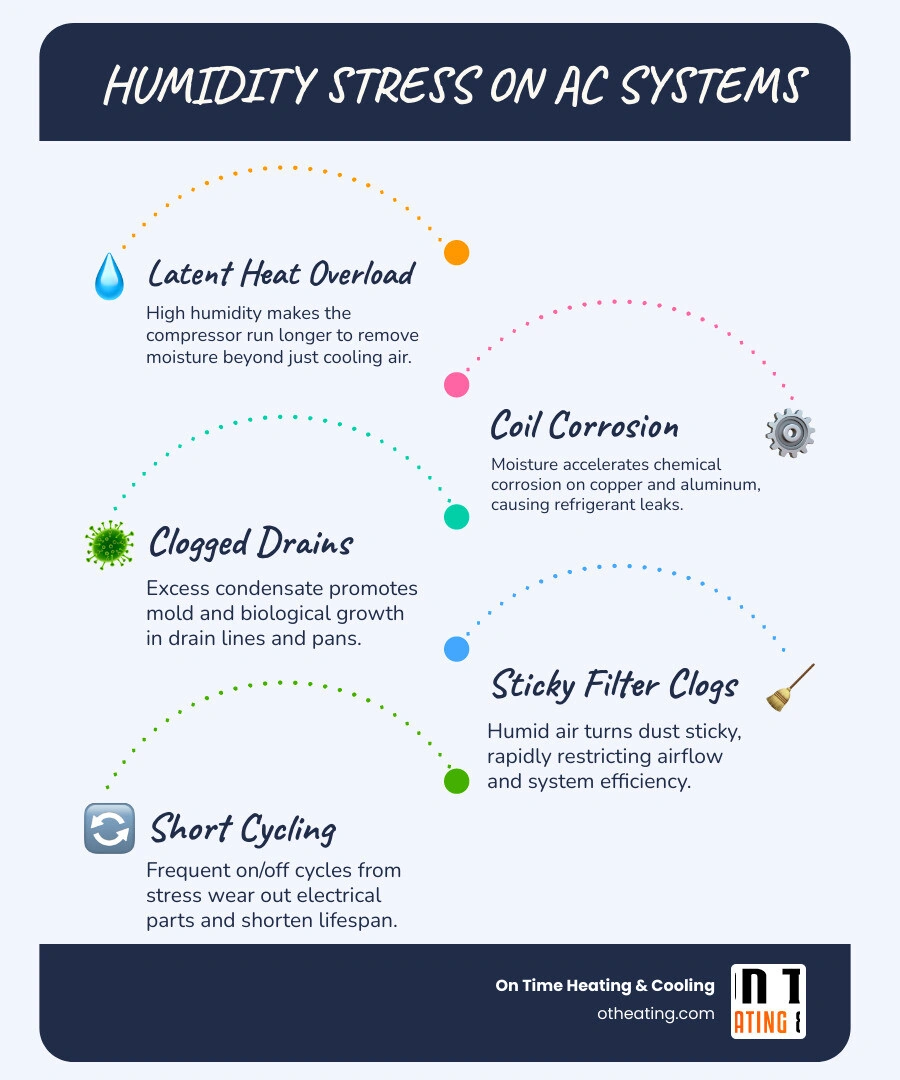 Infographic showing how high humidity forces an AC to handle both sensible and latent heat loads, accelerating wear