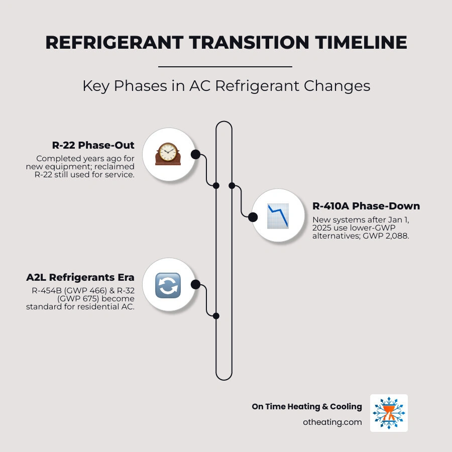 Refrigerant transition timeline infographic showing R-22 phase-out, R-410A phase-down, and new A2L refrigerants R-454B and