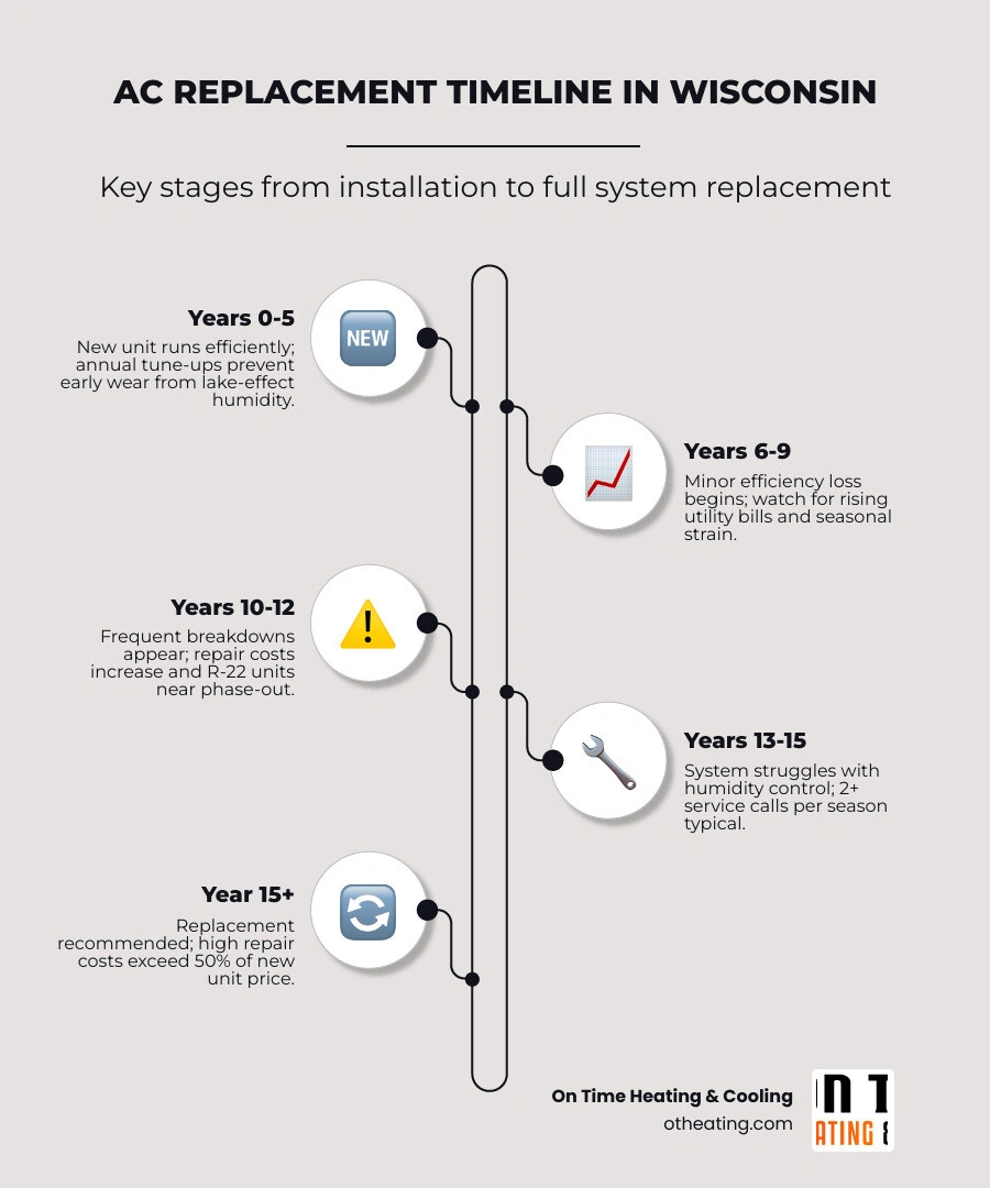 Infographic timeline of AC wear and tear in Wisconsin: lifespan stages, warning signs, and replacement triggers infographic