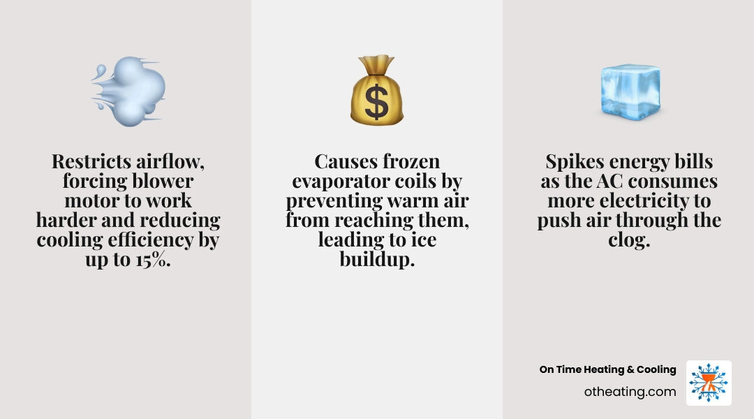 Infographic showing how a dirty AC air filter affects HVAC airflow, energy use, and system components infographic