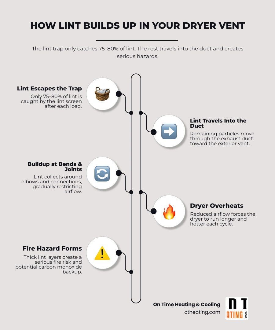 Infographic showing how lint bypasses the lint trap and accumulates inside the exhaust duct, with 6 warning signs of a