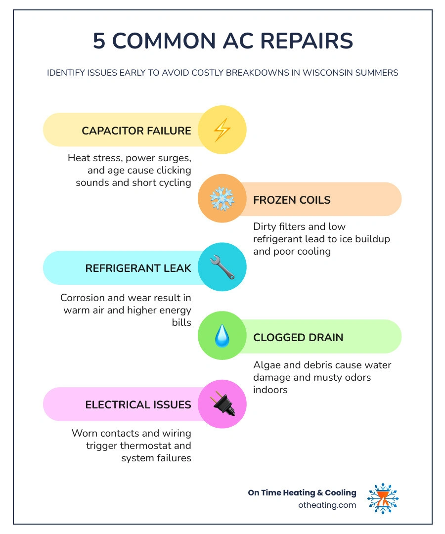 Infographic showing the 5 most common AC repairs, their causes, and early warning signs for homeowners infographic Infographic showing the 5 most common AC repairs, their causes, and early warning signs for homeowners infographic