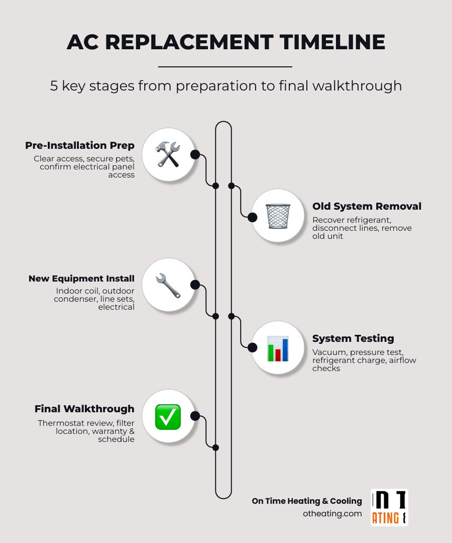 AC replacement timeline infographic showing 5 stages from removal to final walkthrough with estimated durations infographic AC replacement timeline infographic showing 5 stages from removal to final walkthrough with estimated durations infographic