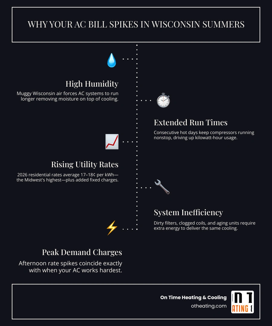 Infographic showing 6 reasons why AC bills spike in Wisconsin summers including humidity, run time, rates, system