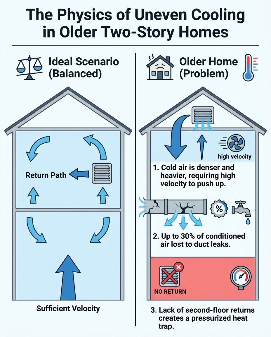 The Physics of Uneven Cooling in Older Two-Story Homes