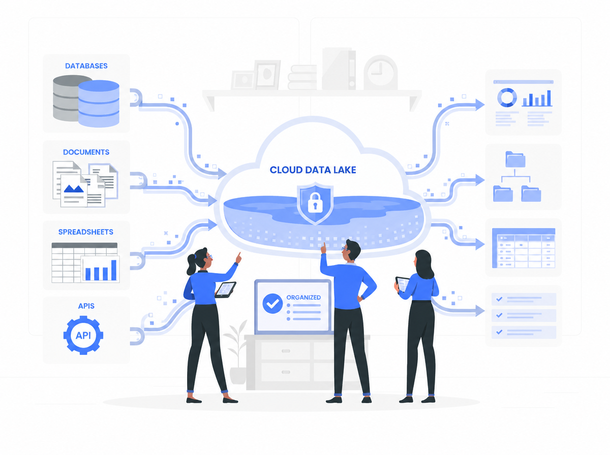 Databases, documents, spreadsheets and APIs flowing into one protected cloud data lake.