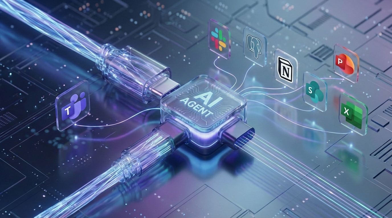 MCP fungerer som en «USB-C for AI» – en universell standard som sømløst kobler AI-agenter til verktøyene og dataene du bruker hver dag. Kilde: Google Nano Banana Pro.